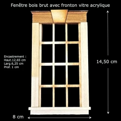 Fenêtre rectangulaire miniature avec fronton en bois brut et vitre acrylique, vue principale avec dimensions