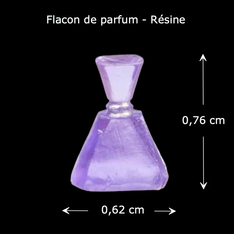 Flacon eau de toilette violet en résine, vue principale avec dimensions