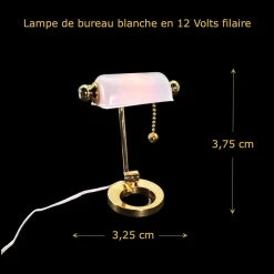 Lampe de bureau blanche en 12 volts style classique en laiton pour maison de poupée vue principale avec dimensions