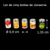 Boîtes de conserve miniatures maison poupée vue principale avec dimensions