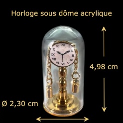 Pendule sous cloche en laiton sous dôme acrylique — vue principale avec dimensions