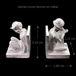 Paire de serre-livres femme en métal — vue principale avec dimensions.