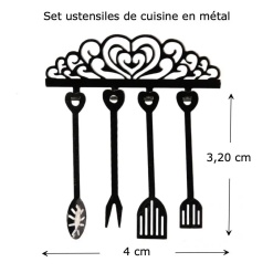 Set ustensiles de cuisine miniature métal avec support cœur vue principale avec dimensions