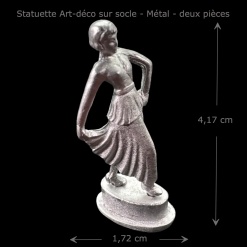 Statuette Art Déco en métal sur socle — vue principale avec dimensions.