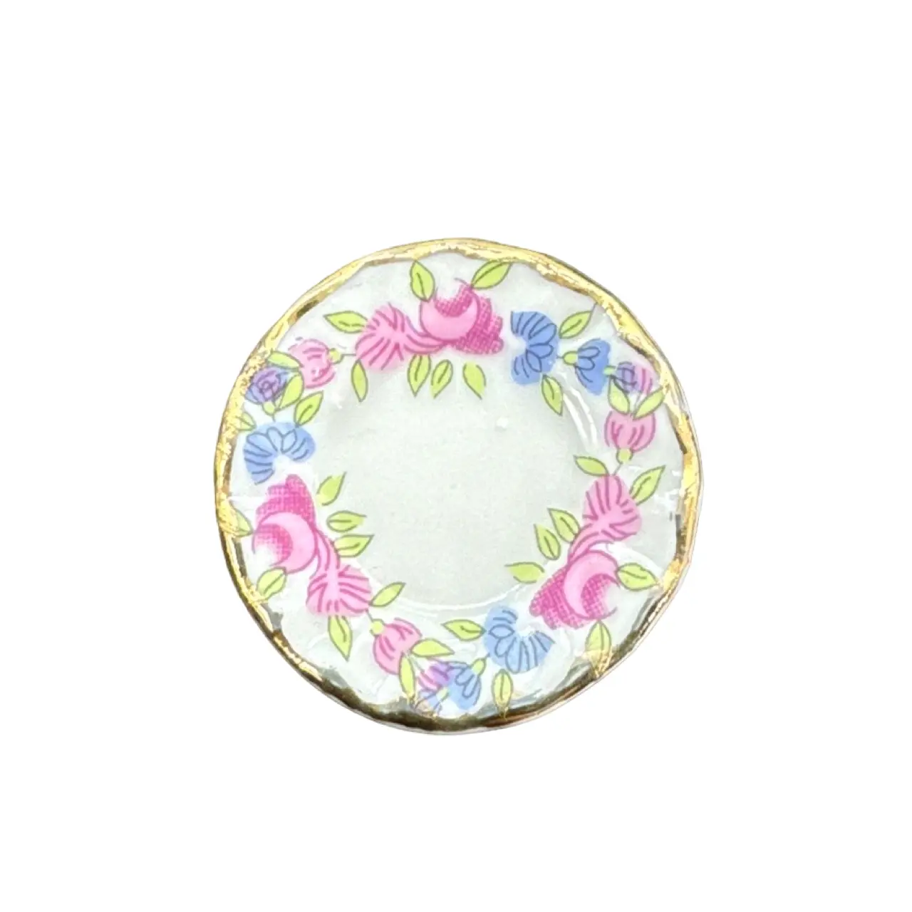 Service de table Roses 40 pièces pour maison de poupée échelle 1/12ᵉ vue d'une assiette fond blanc