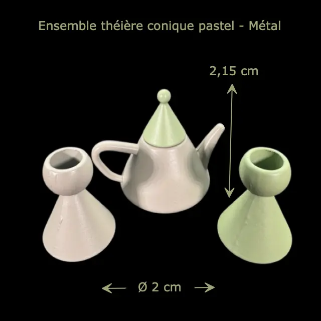 ensemble théière conique pastel miniature en métal avec dimensions