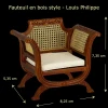 Fauteuil miniature style Louis-Philippe en bois massif et cannage, échelle 1/12ᵉ, brun noyer avec assise écrue. vue principale avec mesure