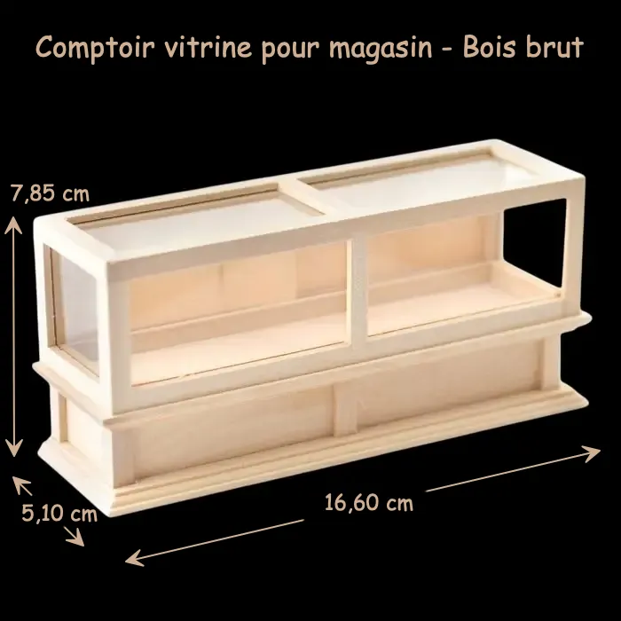 Comptoir vitrine pour magasin 1/12e en bois brut avec dimensions