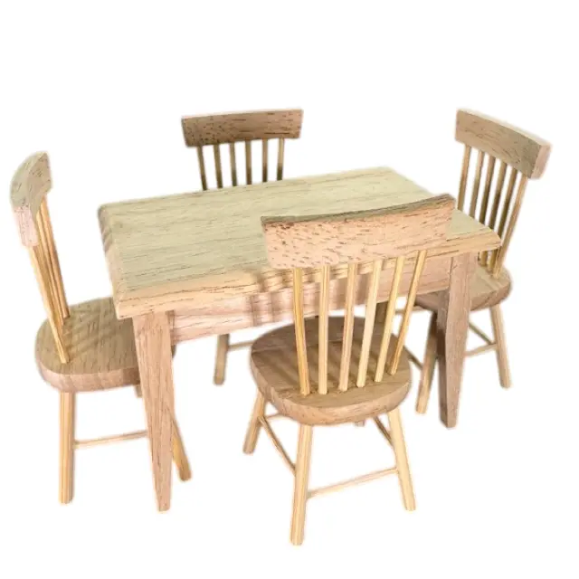 Ensemble table et chaises bois brut à peindre 1/12ᵉ vue sur fond blanc