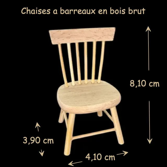 Ensemble table et chaises bois brut à peindre 1/12ᵉ vue de la chaise avec dimensions