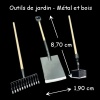 lot d’outils de jardin noirs 1/12ᵉ en métal et bois avec dimensions