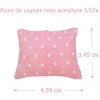 paire de coussins roses miniature 1/12e en tissu rose à pois blancs avec dimensions