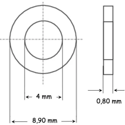 Rondelles plates Ø4 mm en acier zingué, diamètre extérieur 8,90 mm, épaisseur 0,80 mm, sachet 30 g environ 120 pièces avec dimensions