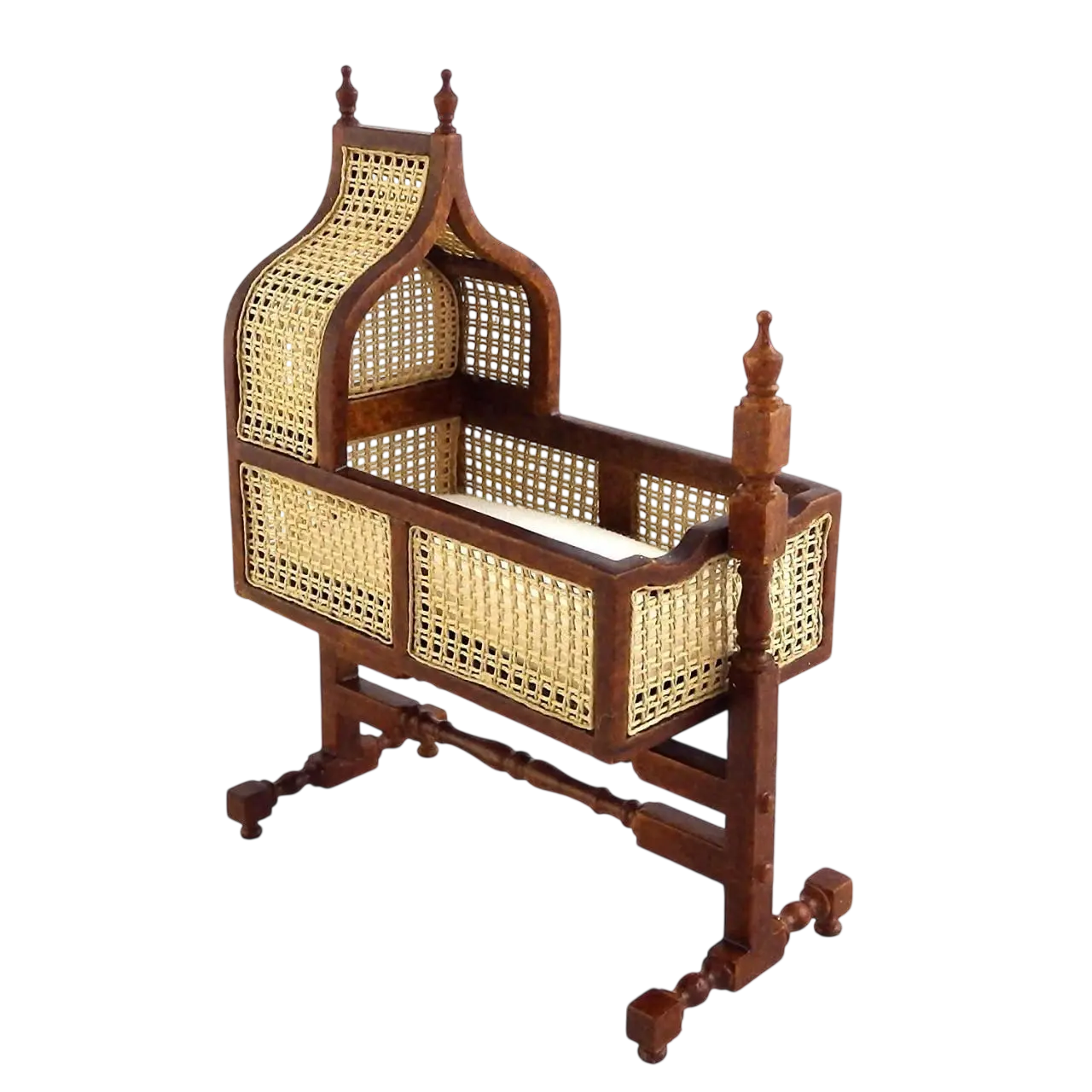 Berceau pivotant en bois teinté noyer avec cannage miniature échelle 1/12e