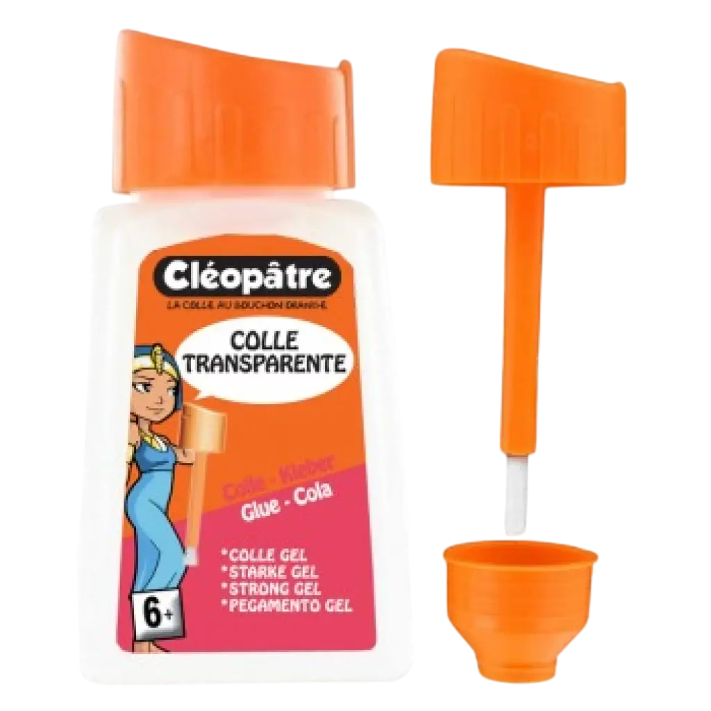 Flacon de colle transparente Cléopâtre 80 g avec bouchon pinceau et accessoires orange