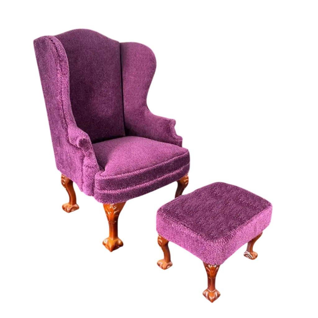 Fauteuil Chippendale en velours mauve avec tabouret miniature échelle 1/12e