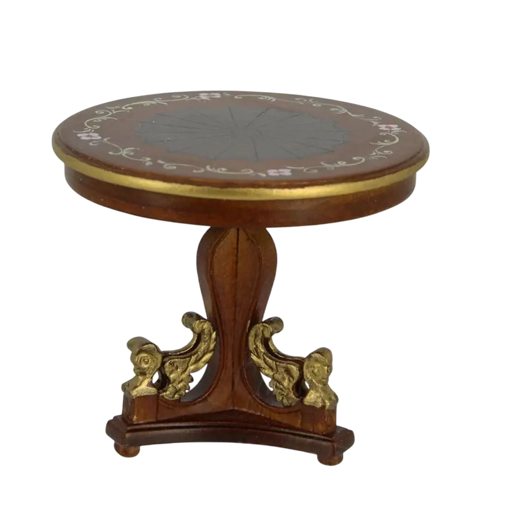 Table ronde miniature avec décor en marqueterie style Empire échelle 1/12e maison de poupée