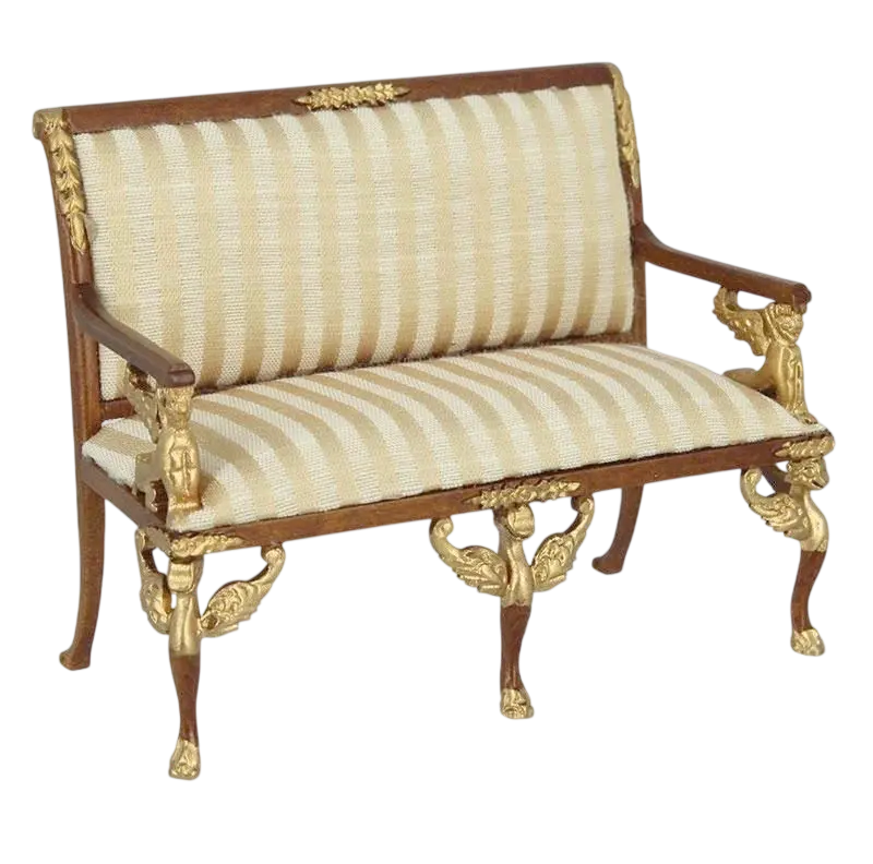 Sofa style Empire en bois avec tissu rayé miniature échelle 1/12e pour maison de poupée