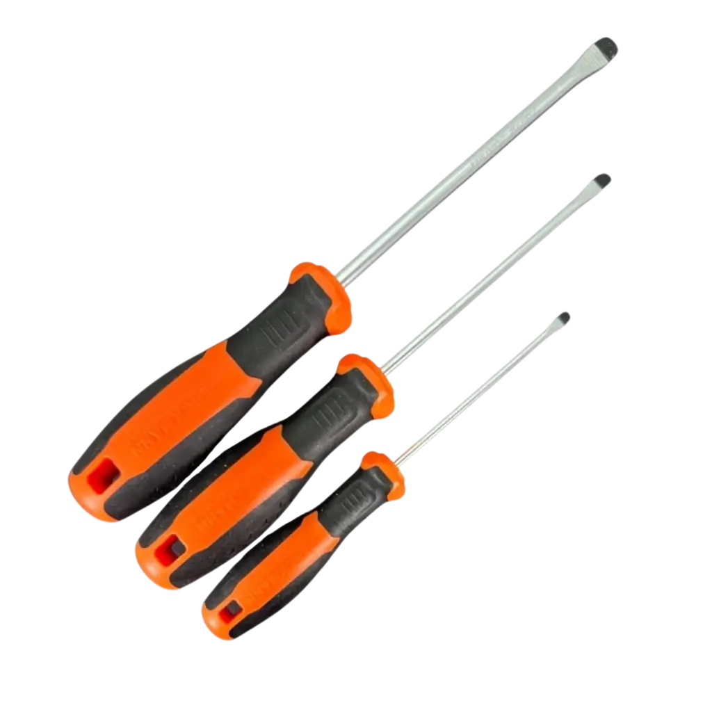 Lot de trois tournevis plats en acier chromé vanadium avec manches orange et noir