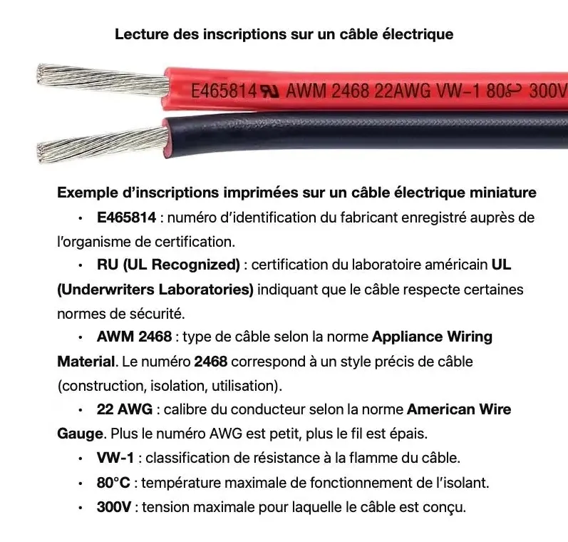 Lecture des inscriptions sur un câble électrique miniature : AWM 2468, 22 AWG, VW-1, 80°C, 300V