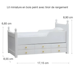 Lit miniature en bois peint blanc avec tiroir de rangement 1/12e avec dimensions