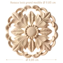 rosace bois sculptée diamètre 9,85 cm avec indication de taille pour maison de poupée 1/12
