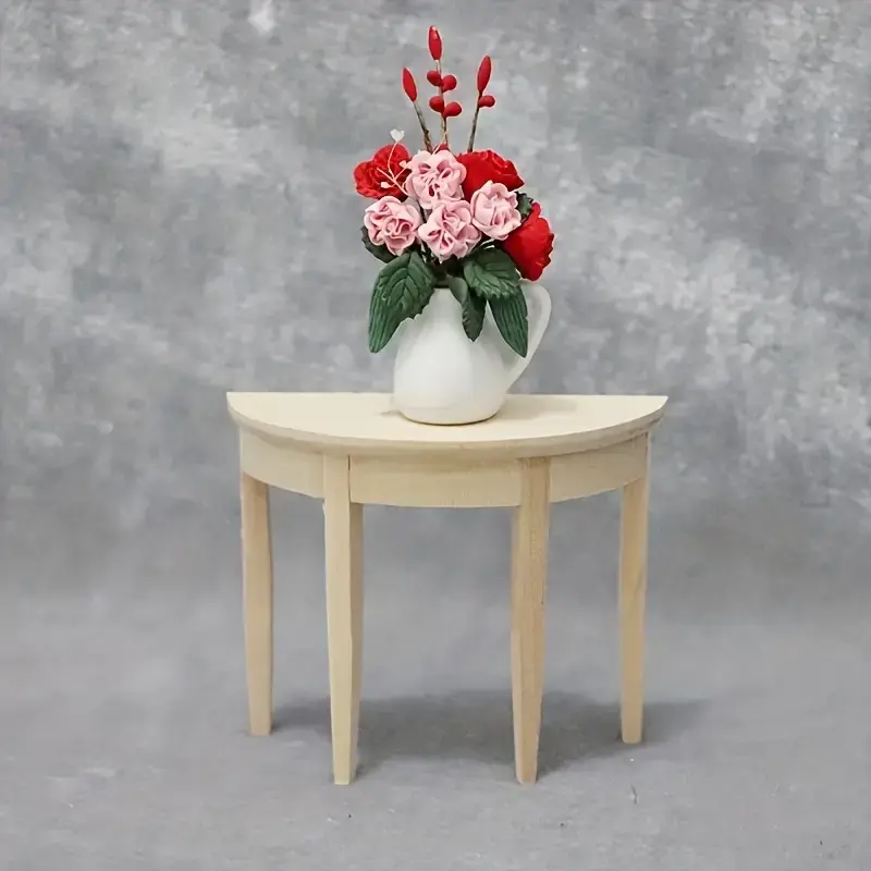 Table demi lune miniature en bois avec bouquet de fleurs pour maison de poupée 1/12e