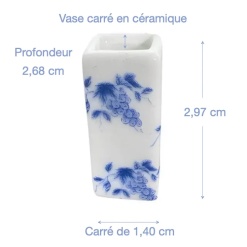 dimensions vase carré miniature en céramique décor fleurs bleues 1/12e