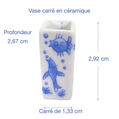 dimensions vase carré miniature en céramique décor poisson bleu 1/12e