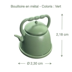 Dimensions bouilloire miniature verte en métal 1/12e pour maison de poupée