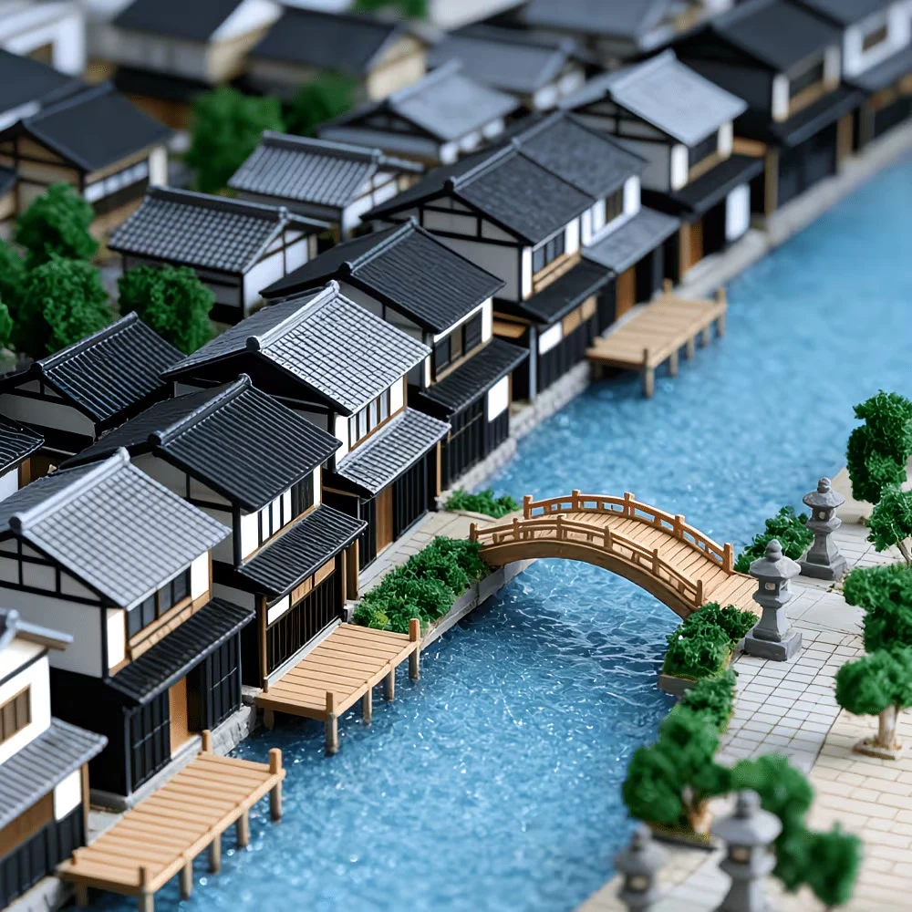décor rivière miniature avec pont bois effet eau pluie réaliste
