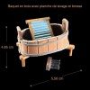 Baquet en bois miniature avec planche de lavage bleue et brosse avec dimensions