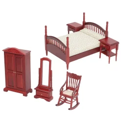 Chambre miniature 1/12 complète 6 pièces teinte acajou avec lit et chevets