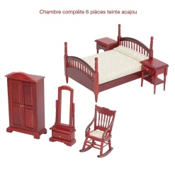 Mobilier de chambre miniature 1/12 en bois teinte acajou vue complète
