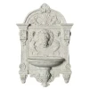 Fontaine murale Renaissance miniature 1/12e imitation pierre avec mascaron sculpté et bassin décoratif vue de face