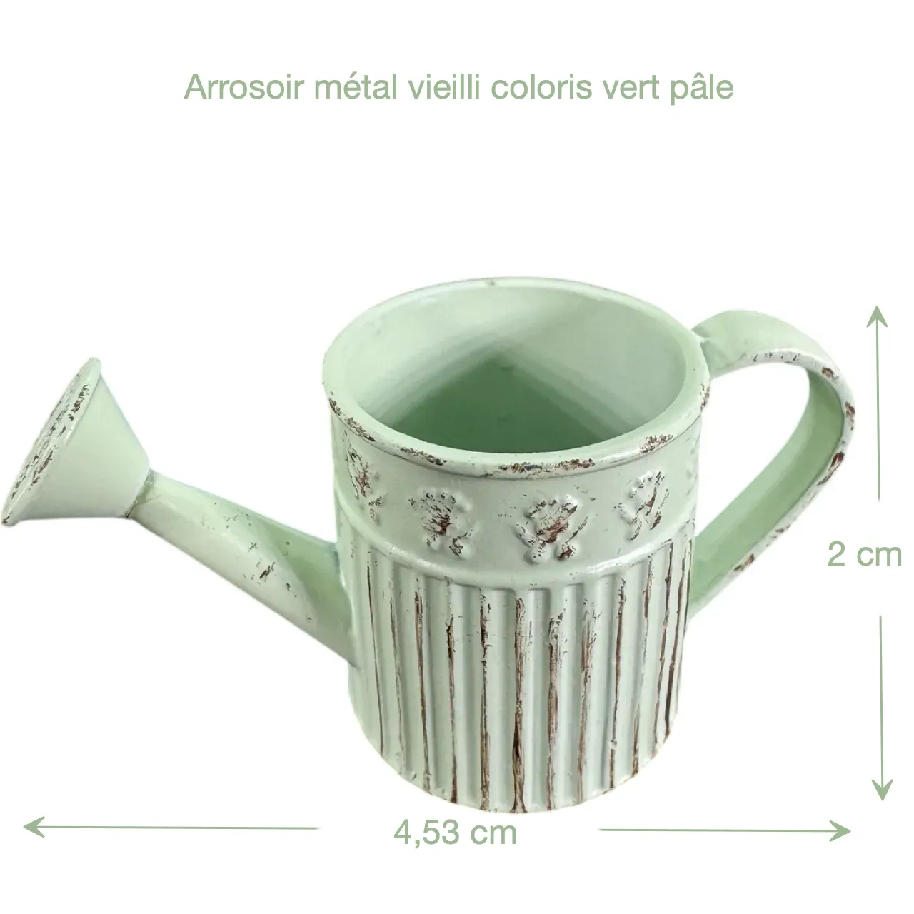 Dimensions de l’arrosoir miniature vert pâle en métal vieilli
