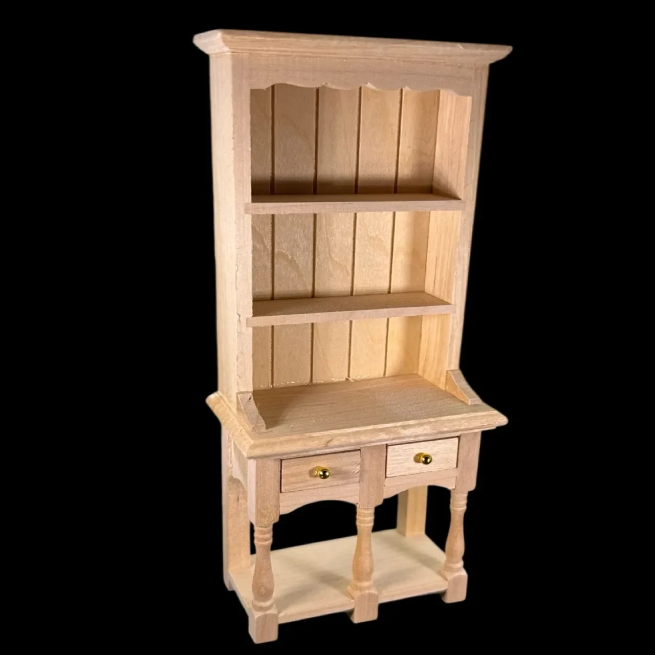 Vaisselier miniature en bois brut à 2 tiroirs et étagères au 1/12e