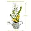 Arrosoir miniature fleuri blanc et jaune en métal vieilli sur fond blanc avec dimensions