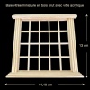Baie vitrée miniature en bois brut présentée sur fond noir avec dimensions