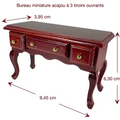 Dimensions du bureau miniature acajou à 3 tiroirs ouvrants