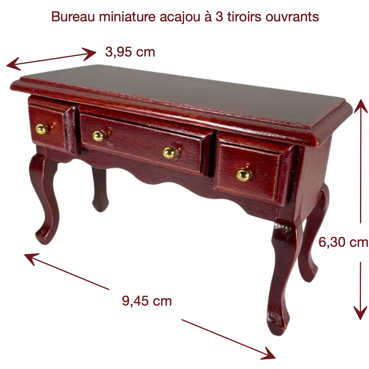 Dimensions du bureau miniature acajou à 3 tiroirs ouvrants