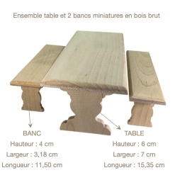 Dimensions de la table et des 2 bancs miniatures en bois brut