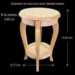 Dimensions du guéridon miniature rond en bois brut avec tablette basse