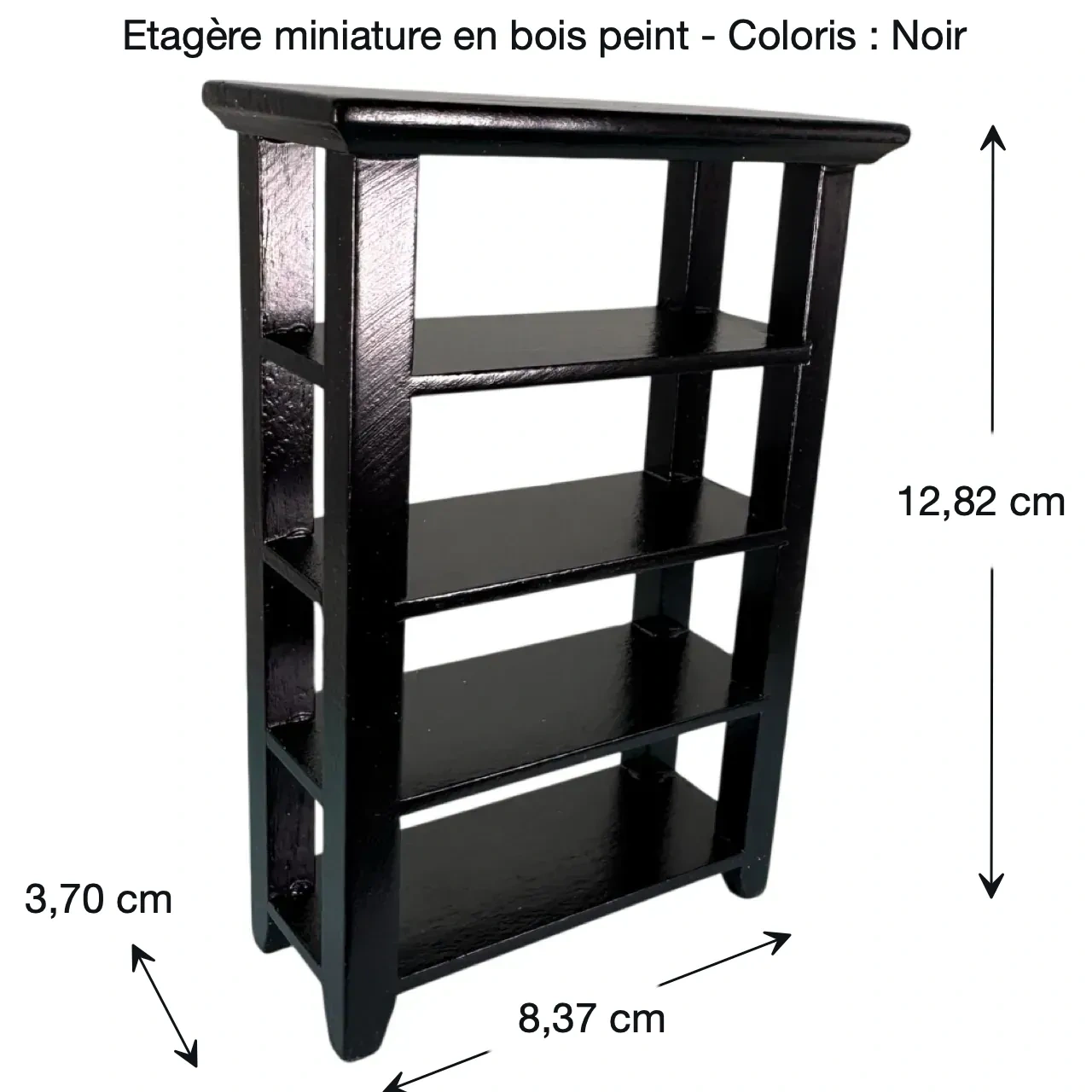 Étagère miniature en bois peint noir sur fond noir