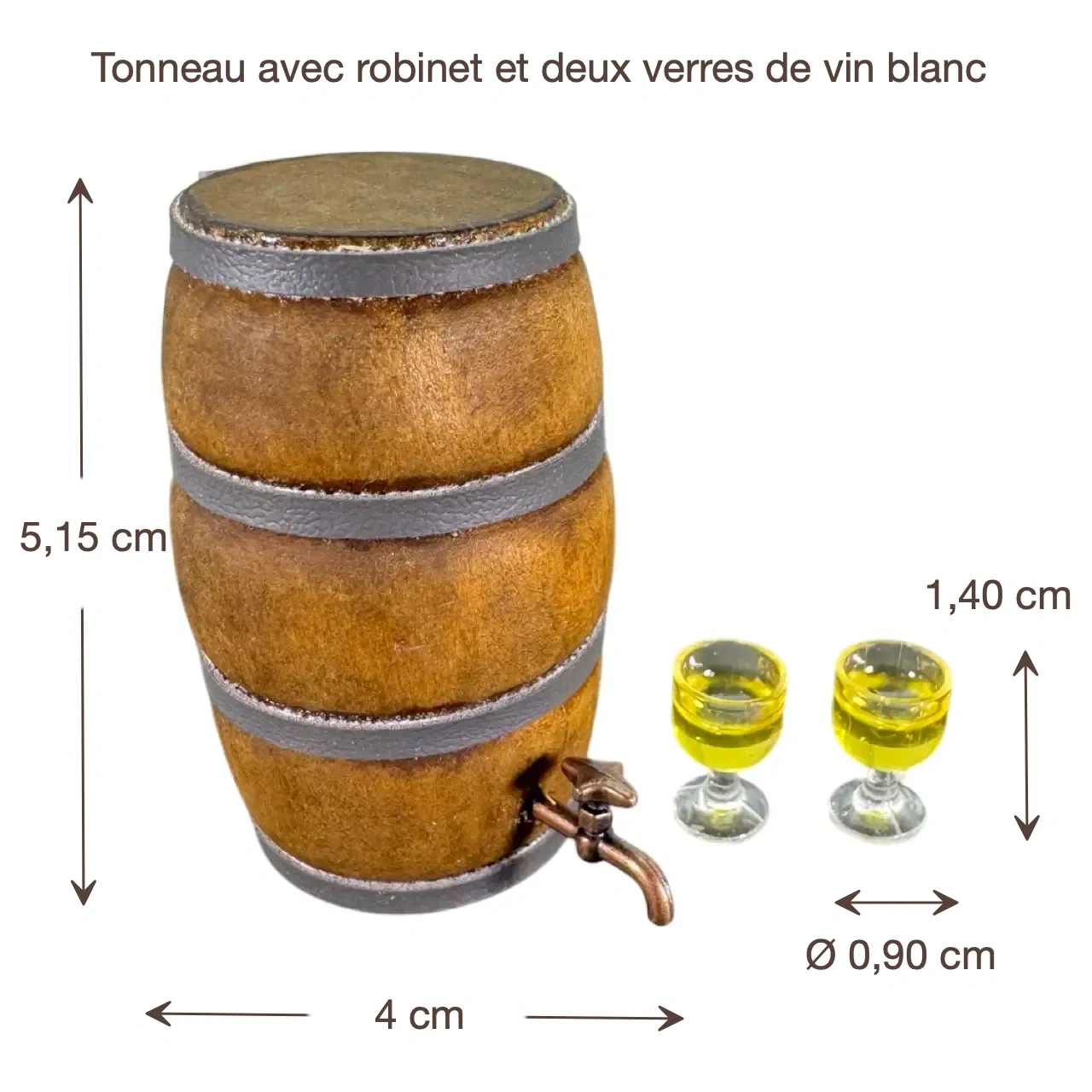 Tonneau miniature avec 2 verres de vin blanc et dimensions