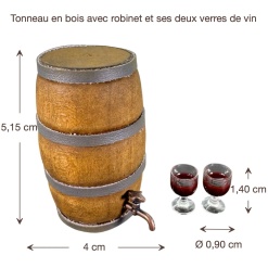 Tonneau miniature avec 2 verres de vin rouge et dimensions