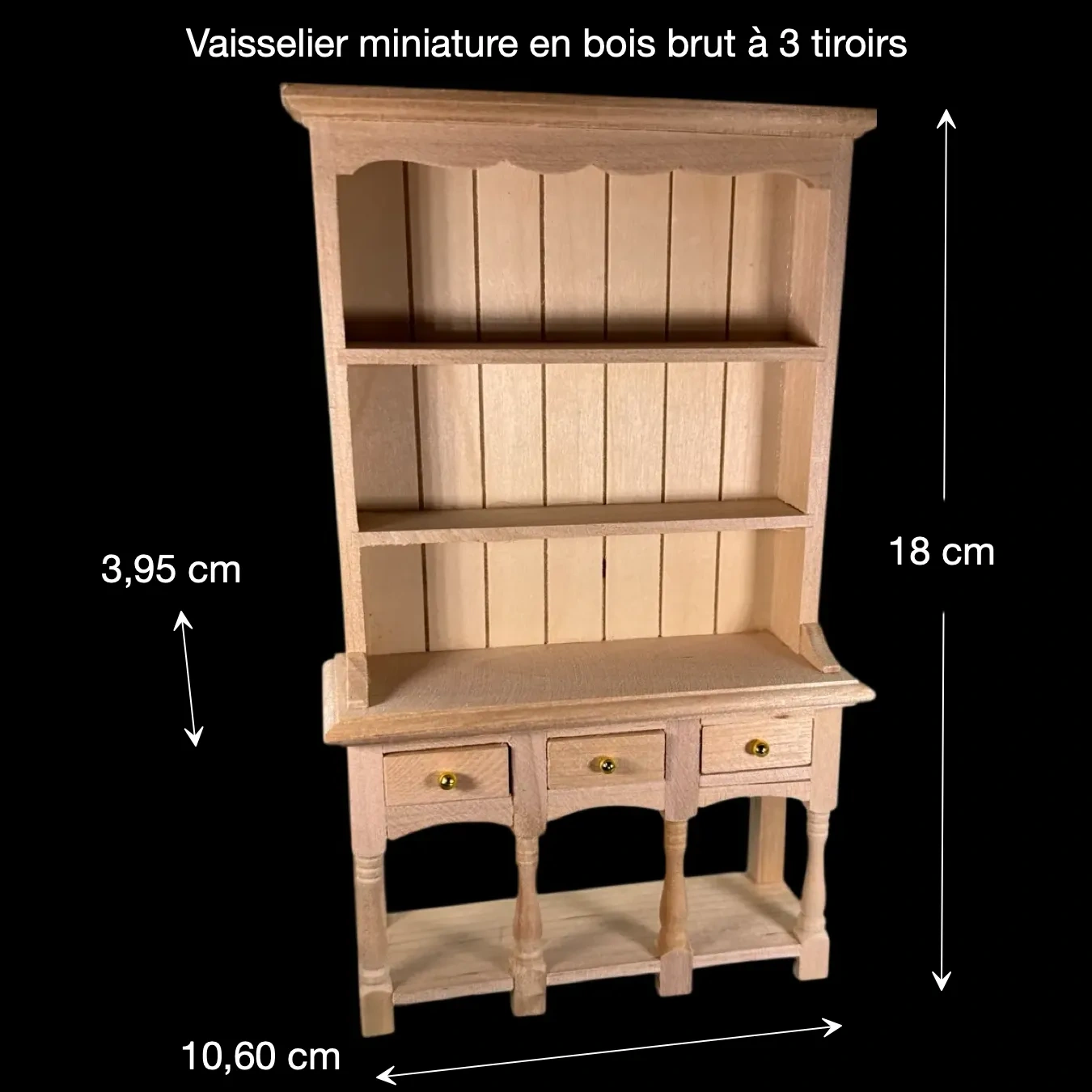 Vaisselier miniature en bois brut avec dimensions environ 10,60 × 3,95 × 18 cm – 1/12e