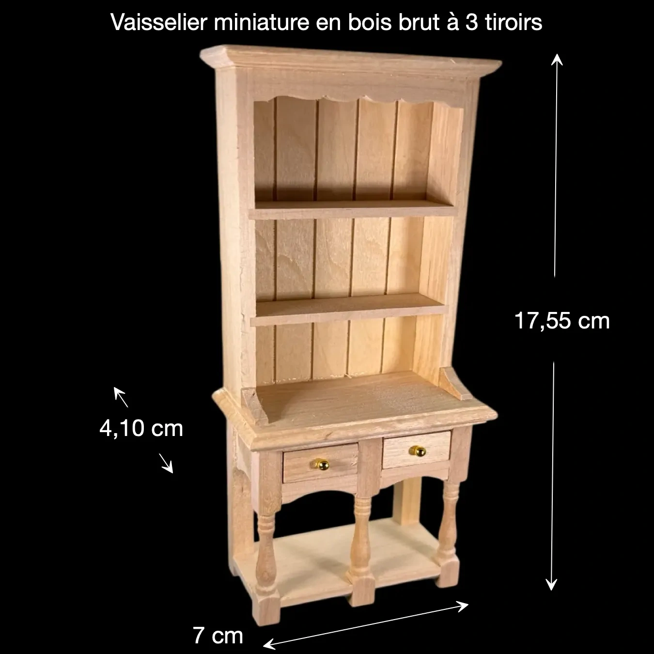 Dimensions du vaisselier miniature en bois brut à 2 tiroirs