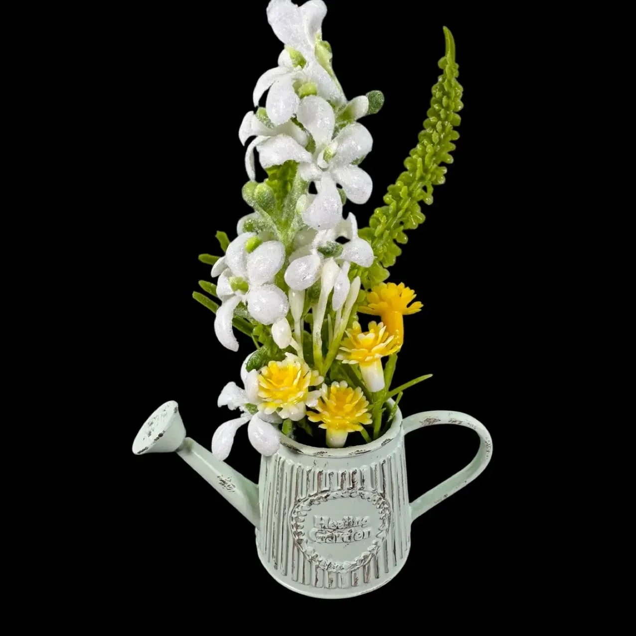 Arrosoir miniature fleuri blanc et jaune en métal vieilli – Image 3
