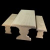 Ensemble table et 2 bancs miniatures en bois brut sur fond noir